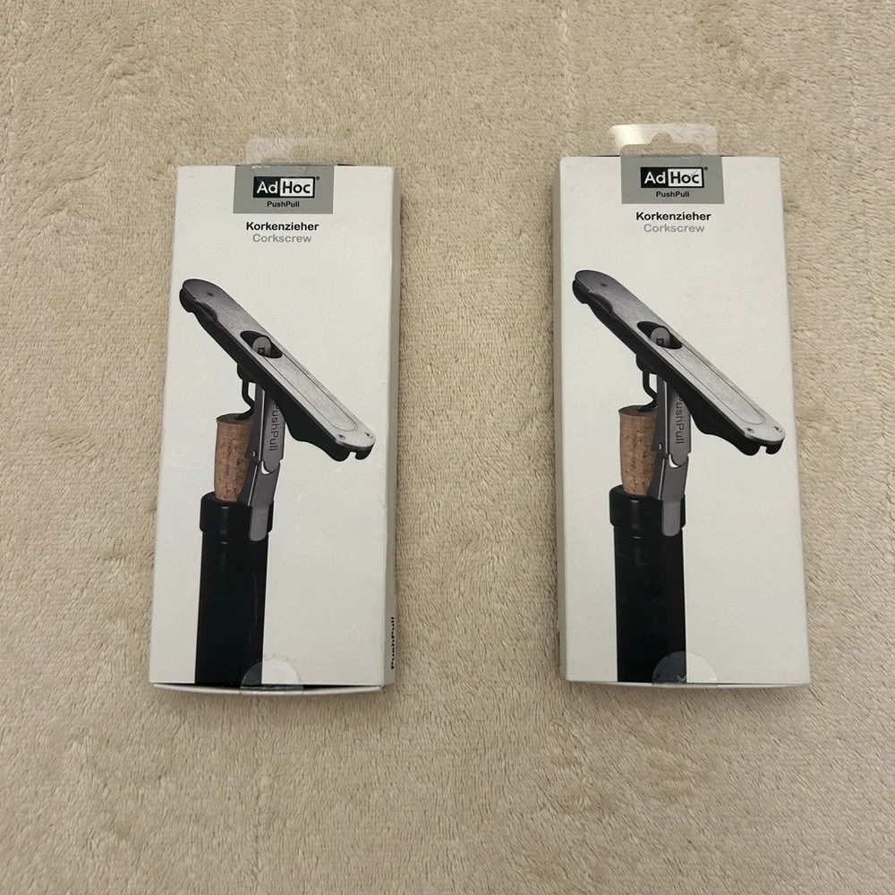 AdHoc PushPull Stainless Steel Corkscrew Set of Two Bottle Opener New in Box